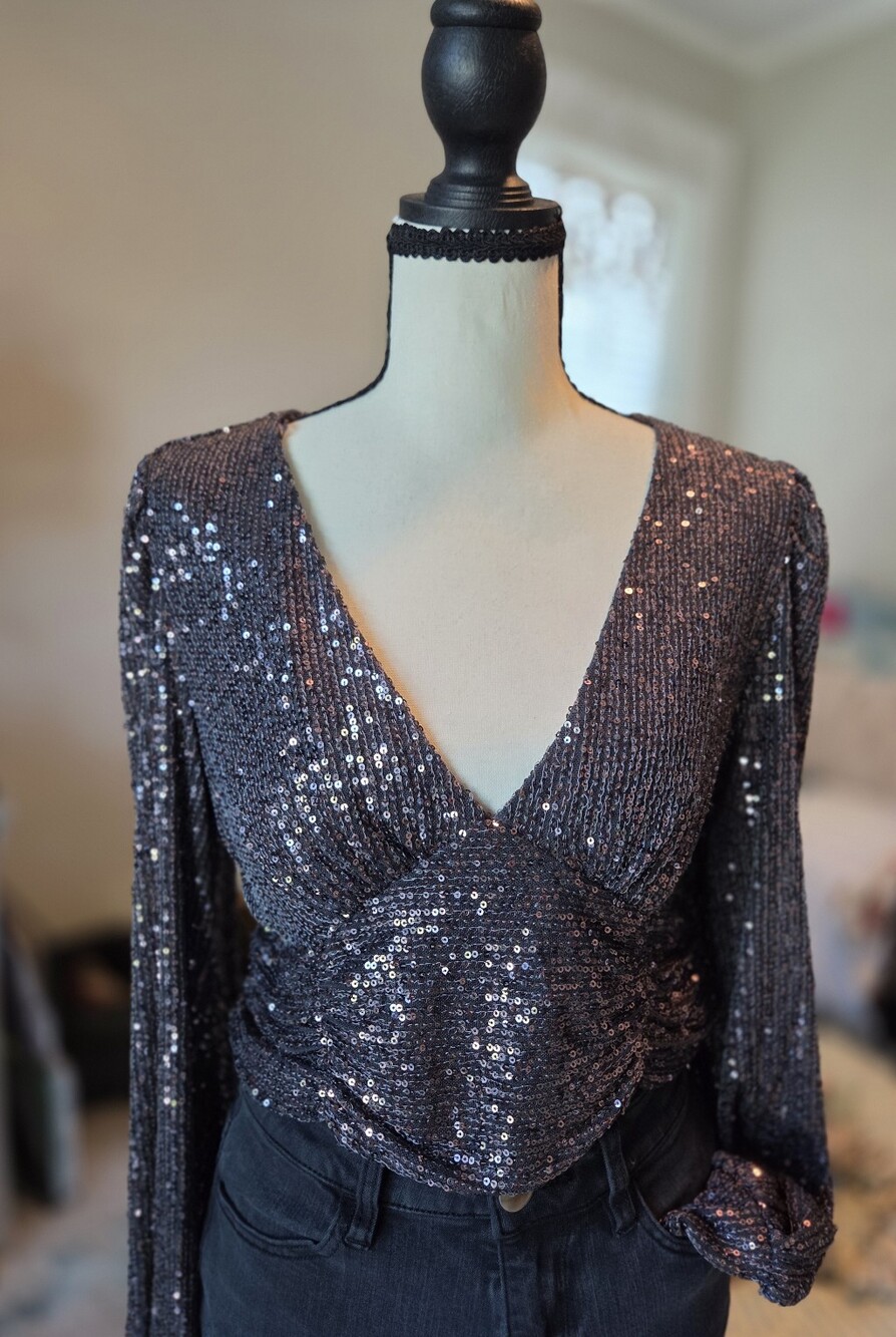 Sincerely Jules Gunmetal Sequin Deep V Long Sleeve Top | Size Large
